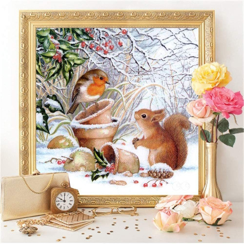 Kit De Pintura Con Diamantes 5d Ardilla Y Pajaro En La Ni... 1