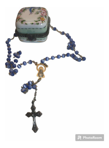 Rosario Celeste Largo 34 Cm Con Cajita De Porcelana (1060) 0