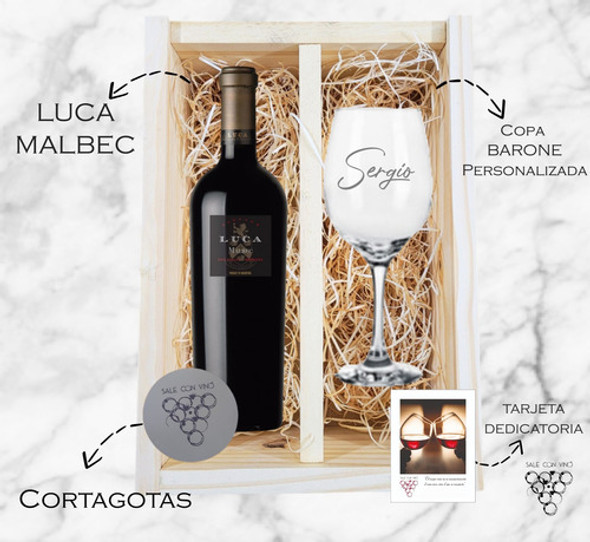 Box Caja Madera Vino Luca Malbec + 1 Copa Vidrio + Grabado 1