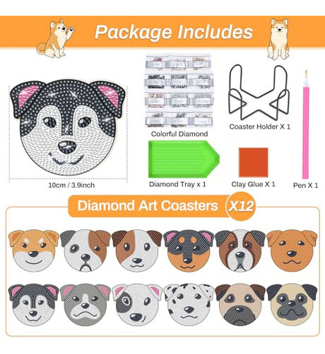 Pintura Por Diamante Kit  12 Posavasos  - Perros 1
