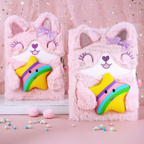 Diario Intimocon Candado Peluche Gato Rosa Con Estrella 1