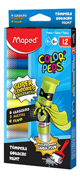 Tempera Maped Lavable 8cc X 12 Un (6 Clásico 2 Metal 4 Fluo) 0