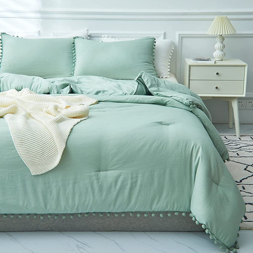 Aikasy Sea Green Fringe Queen Comforter Set - 3 Piezas, Micr 1