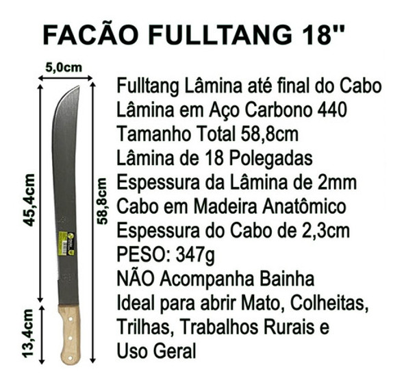 Facão Grande Para Mato 18  Inox Cabo Madeira Fulltang Poda 1