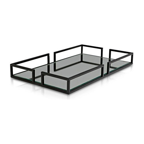 Bandeja Con Cornisa De Metal Negro Mate Y Base Espejo 30cm 0