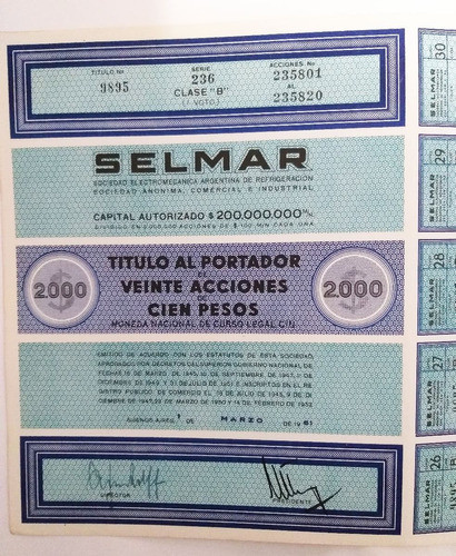 Titulo Bono Accion Selmar Electromecanica Refrigeracion 1961 0