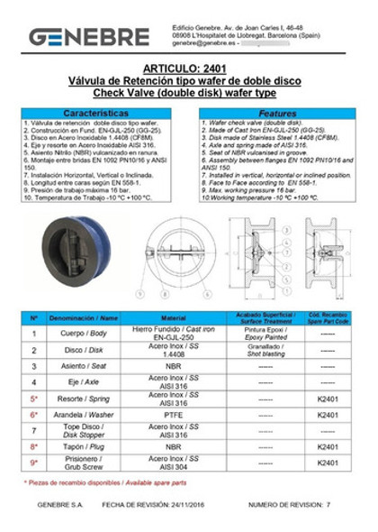 Válvula De Retención Tipo Wafer De Doble Disco 2ø - Genebre 1