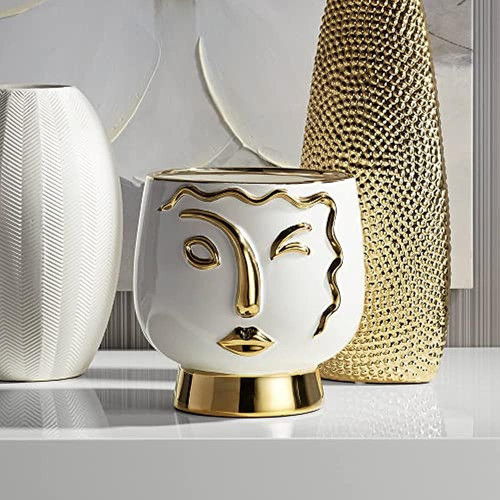 Studio 55d Modern Face Wink Jarrón De Cerámica Blanco Y Dora 0
