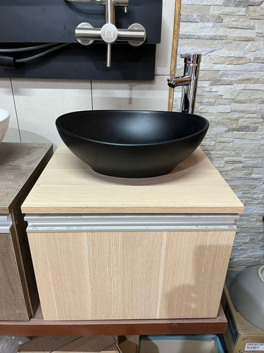 Mueble Aéreo Baño Completo Bacha Oval Negra Grifería Cromada 1