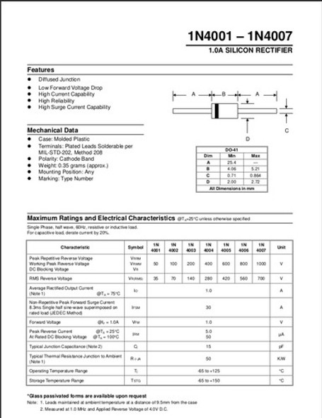 Diodo Rectificador 1n4007 (1a 1000v)  - Pack 100 Unidades 1