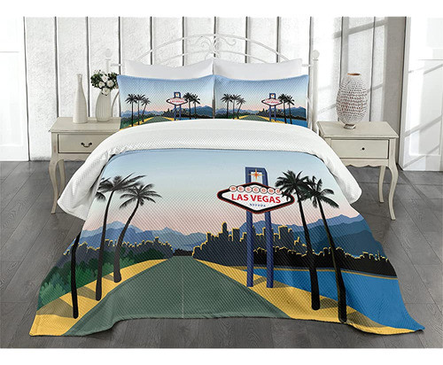 Ambesonne Las Vegas Colcha, Silueta De La Ciudad Con Un Letr 1