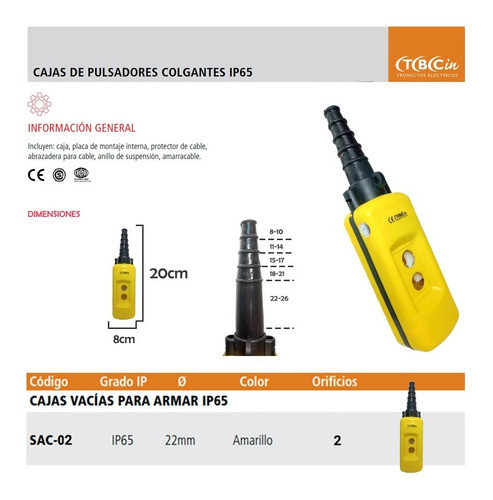 Botonera Colgante De 2 Pulsadores Vacía Tbcin Sac-02 1