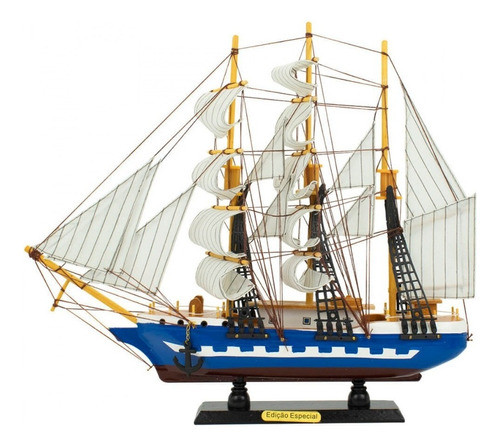 Enfeite Barco Decorativo Navio Veleiro Madeira Azul 43cm 0