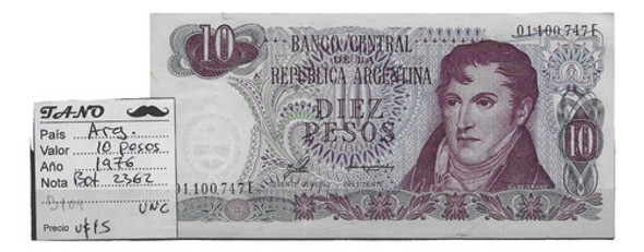 B109 Argentina Billete 10 Pesos Año 1976 Bottero 2362 Unc 0