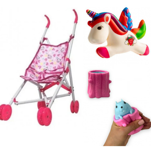 Combo Cochecito  De Juguete + Squishy Unicornio + Ardilla 0