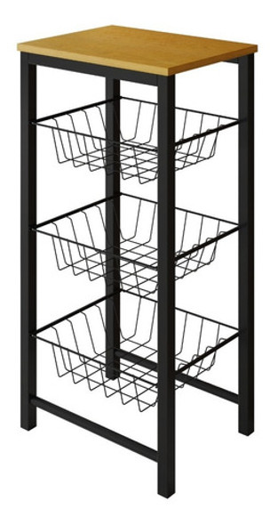 Fruteira De Cozinha Aço Preto Cesto Preto Tampo Canela Roma 0