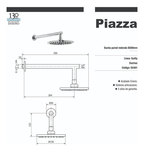 Brazo De Ducha Con Roseta Cromo 200 Mm Guilty Para Baño Piaz 1
