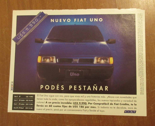 Publicidad Recorte Hoja Revista Fiat Uno Original 0