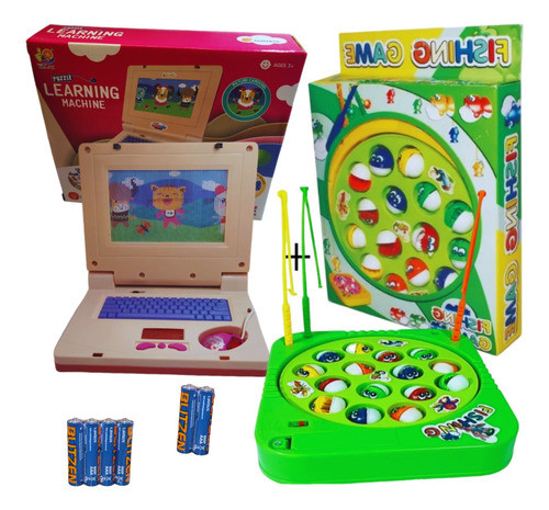 Kit Notebook Rosa, Pega Peixe  Com Pilhas Brinquedo  Criança 1