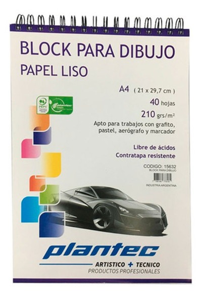 Block Para Dibujo A4 Plantec 210 Gms Liso 40 Hojas C/espiral 0