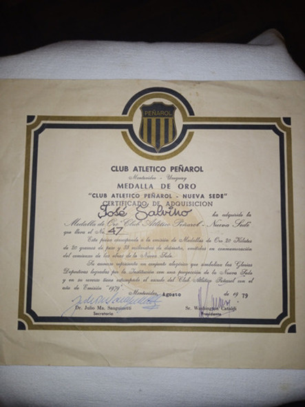 Antiguo Certificado De Medalla De Oro De Peñarol Futbol 0 Antiguo Certificado De Medalla De Oro De Peñarol Futbol 0