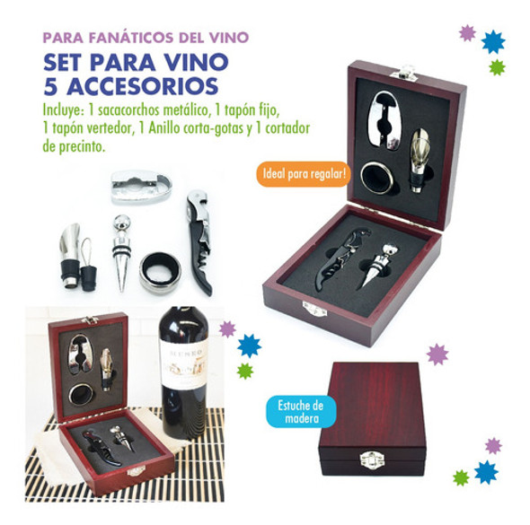 Set Para Vino 5 Accesorios, Estuche De Madera - 11389 1