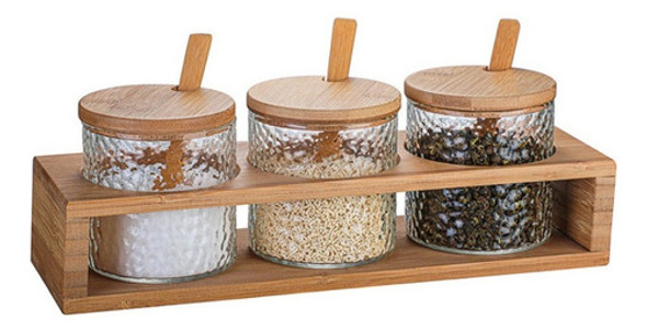 Set X3 Frascos De Vidrio Tapa Bambú Cocina Con Cuchara 0