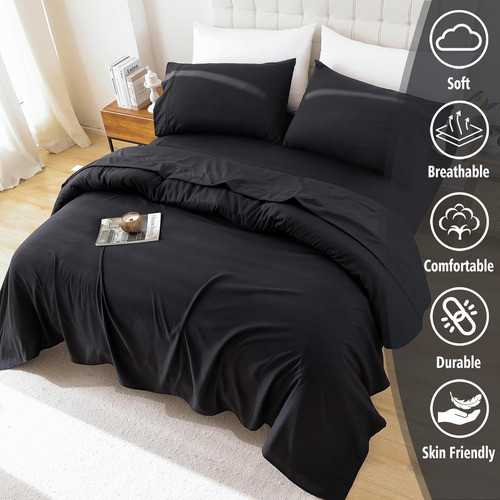 Juego Sábanas Tamaño Queen 4  Piezas Fundas Almohadas Negro 1