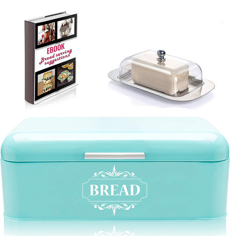 Caja P/pan Retro, Acero Inox. Turquesa+mantequera+recetario 1
