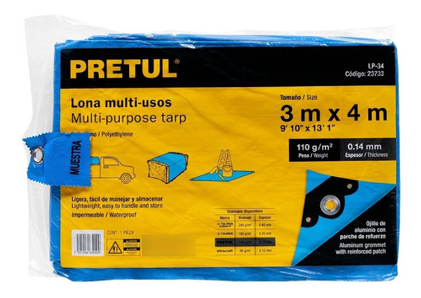 Lona Toldo Pretul 3 X 4 Metros Reforzada Azul Aluminio Fc 1