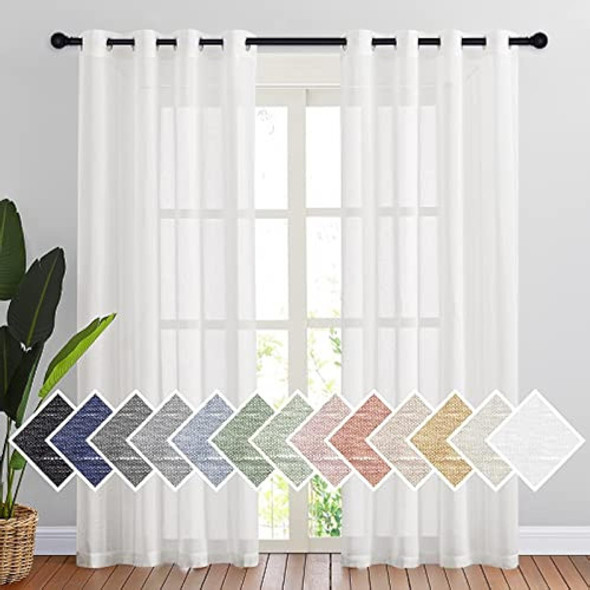 ~ ?nicetown Juego De Cortinas De Lino Semitransparente Blanc 0