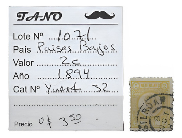 Lote1071 Paises Bajos Holanda 2 Cent. Año 1894 Yvert# 32 0