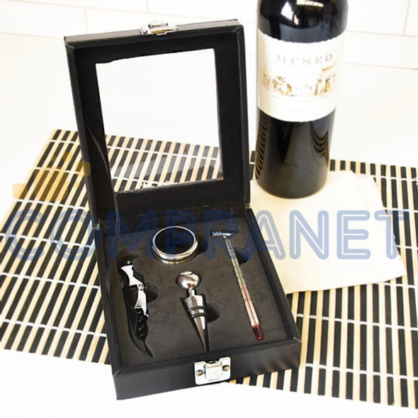 Set Para Vino 4 Accesorios Estuche De Cuero Con Visor  11390 0
