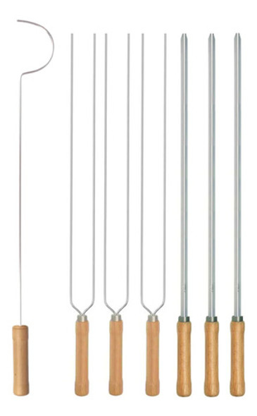 Kit Preparo Churrasco 7pcs Churrasqueira 55cm Cabo Madeira 0
