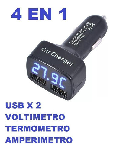 Voltimetro Digital Termometro Amper 12,24v Cargador Usb X2 1