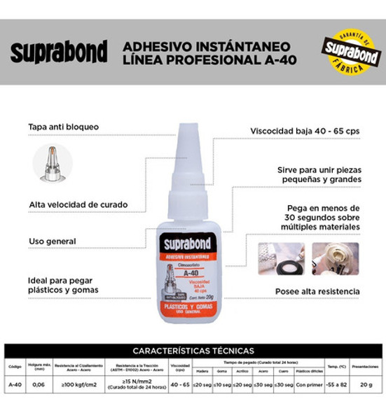 Adhesivo Cianoacrilato Suprabond A-40 Plásticos Y Gomas 20g 1