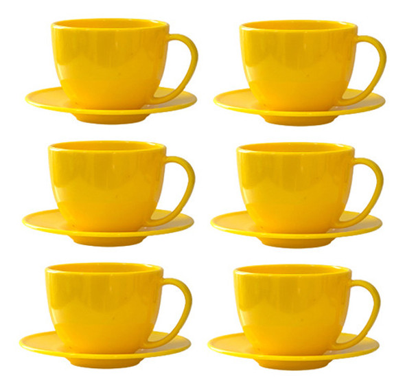 Kit 10 Xícaras De Chá Acrílica E 10 Pires Acrílico Amarela 0