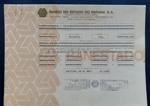 Cautela De Ações Nominais Do Banestado 1980. 0