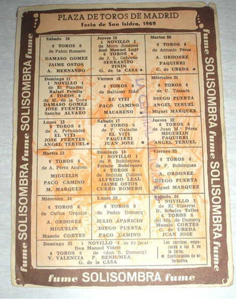 Publicidad 1969 Plaza De Toros De Madrid Solisombra Habanos 1 Publicidad 1969 Plaza De Toros De Madrid Solisombra Habanos 1