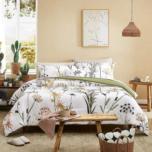 Casaagusto Queen Comforter Set 8 Pcs White & Green Dandelion 0