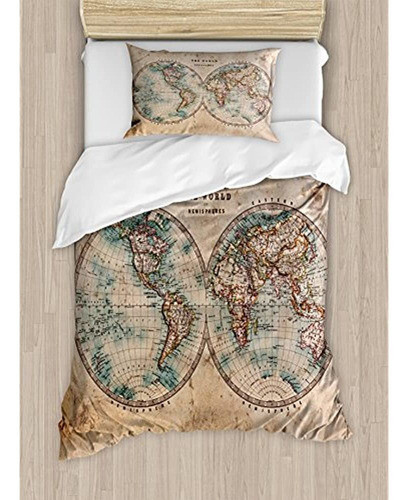 Juego De Funda De Edredón Con Mapa Del Mundo De Ambesonne, M 0