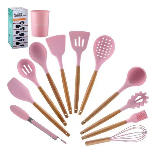 Set X12 Utensilios Kit Cocina Mango Madera Punta Silicona 0