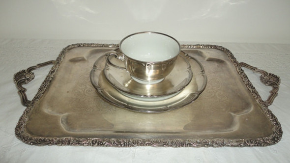 Fino Trio De Te Aleman Antiguo Porcelana Y Plata Miralo 0