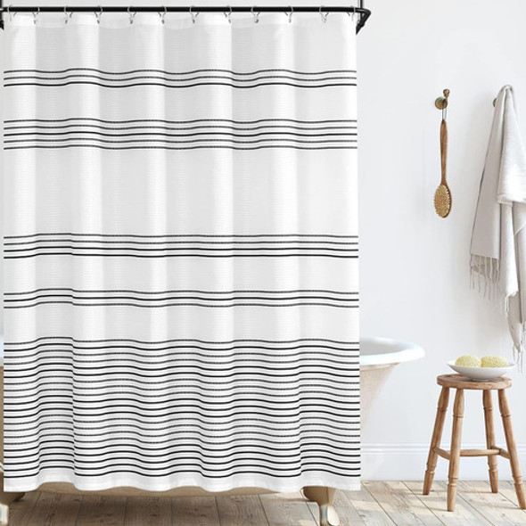 Cortina Ducha Para Baño Tela Blanco A Rayas Negras 178x183cm 1