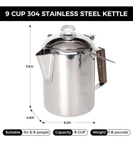 Tetera Percoladora Kingcamp De Acero Inoxidable, 23cm, 9 Taz 1