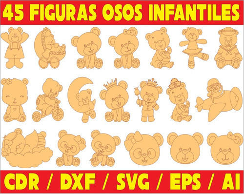 Pack De Vectores Corte Laser- Figuras Osos Infantiles 0