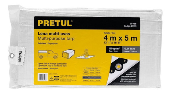 Lona Toldo Pretul 4 X 5 Metros Reforzada Blanca Aluminio Fc 1