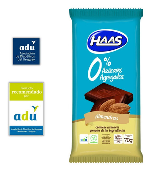 Choc. Haas Almendras 0%* 70grs - Sello Adu - Diabetes 0