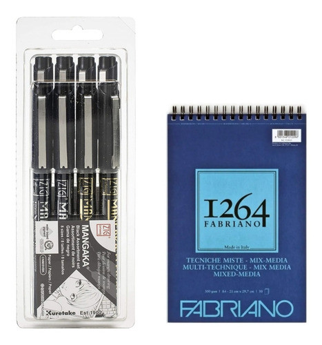 Kit Set 8 Estilografo Kuretake Mangaka + Block Fabriano Mix 0