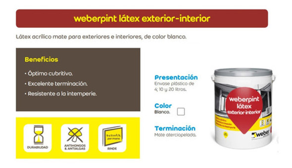 Pintura Látex Acrílico Mate Weber Exterior Interior Blanc 4l 1